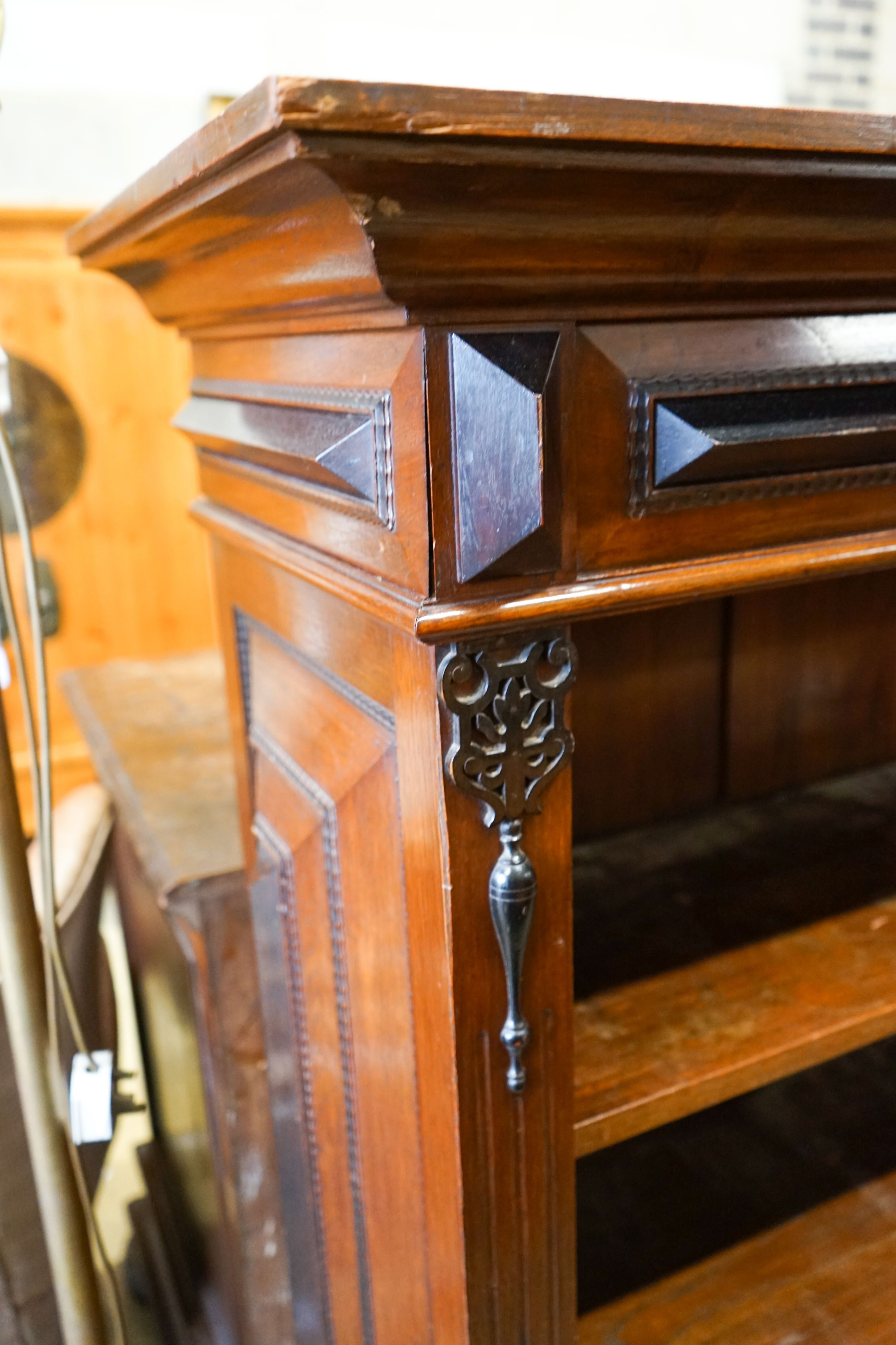 A 19th century Dutch mahogany and ebonised three-tier open bookcase of large proportions, length 216cm, depth 48cm, height 150cm